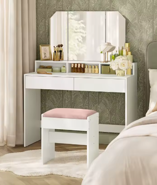 Kaptafel met Inklapbare Spiegel en 2 Laden – Make-up Bureau met 3 Open Vakken