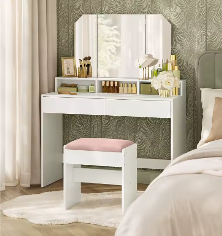 Kaptafel met Inklapbare Spiegel en 2 Laden – Make-up Bureau met 3 Open Vakken