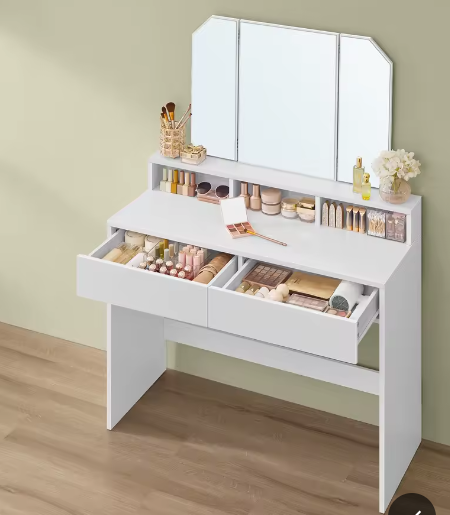 Kaptafel met Inklapbare Spiegel en 2 Laden – Make-up Bureau met 3 Open Vakken