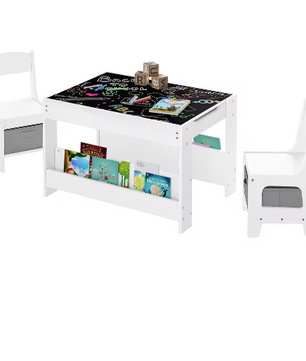 Kindertafel met 2 Stoelen – Omkeerbaar Schoolbord en Opbergruimte, Multifunctioneel