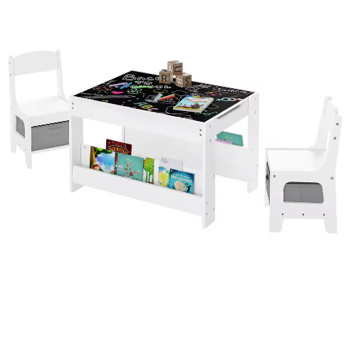 Kindertafel met 2 Stoelen – Omkeerbaar Schoolbord en Opbergruimte, Multifunctioneel