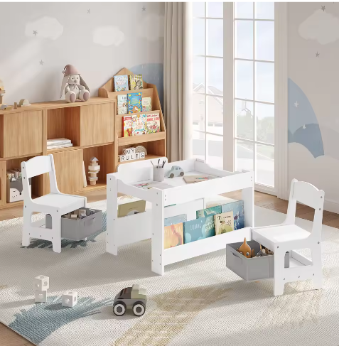 Kindertafel met 2 Stoelen – Omkeerbaar Schoolbord en Opbergruimte, Multifunctioneel