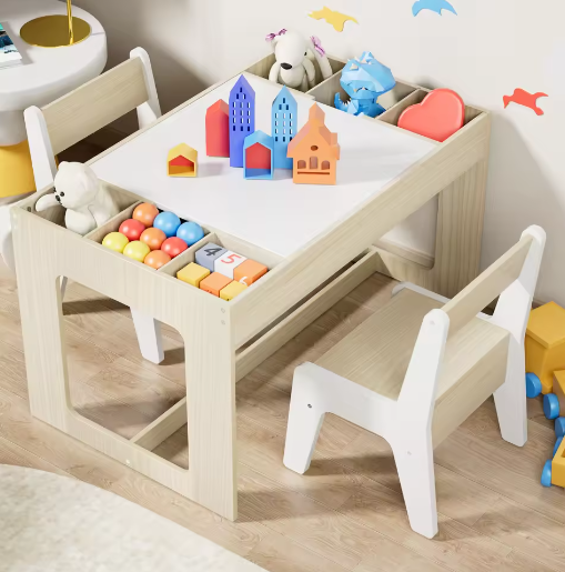 Houten 3-in-1 Kindertafel met 2 Stoelen en Opbergruimte