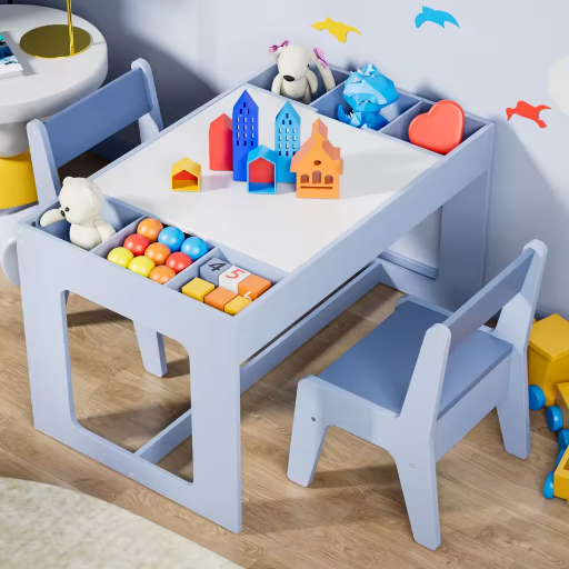 Houten 3-in-1 Kindertafel met 2 Stoelen en Opbergruimte