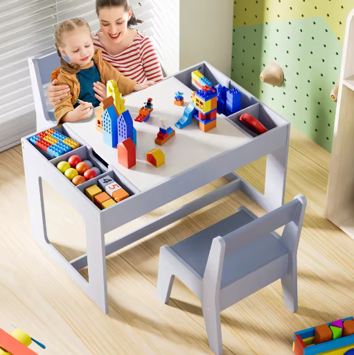 Houten 3-in-1 Kindertafel met 2 Stoelen en Opbergruimte