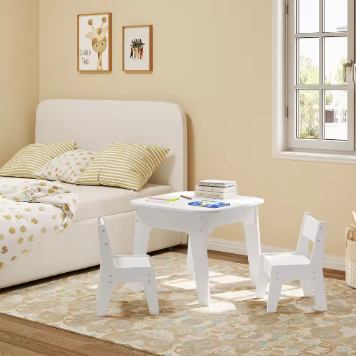 Witte Kindertafel met 2 Stoelen en Opbergruimte – Dubbelzijdig Tafelblad