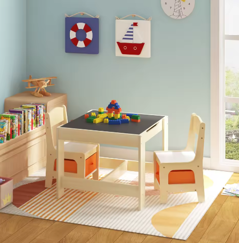 Houten Kindertafel met 2 Stoelen en Opbergruimte – Activiteitenset voor Kleuters