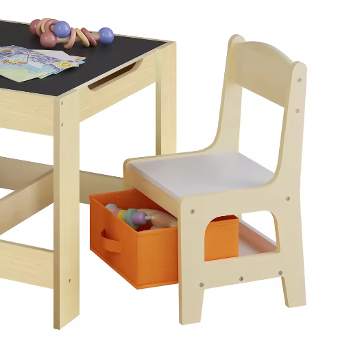 Houten Kindertafel met 2 Stoelen en Opbergruimte – Activiteitenset voor Kleuters