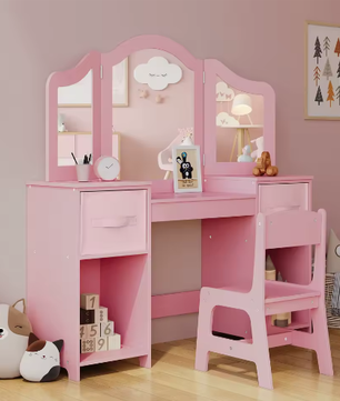 Kinderkaptafel met Stoel – 2-in-1 Make-up Bureau met Drievoudige Spiegel en Opbergruimte