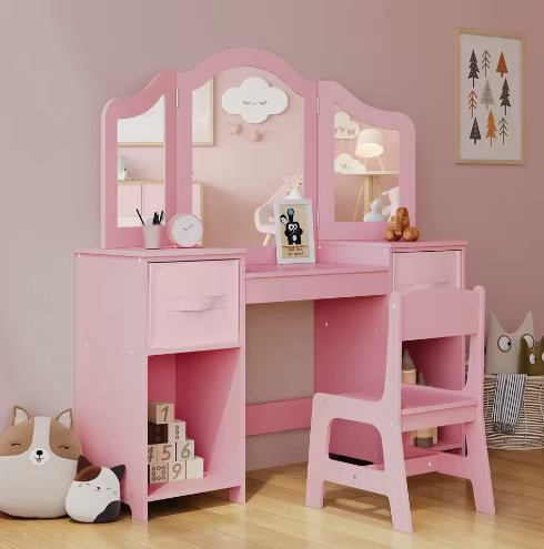 Kinderkaptafel met Stoel – 2-in-1 Make-up Bureau met Drievoudige Spiegel en Opbergruimte