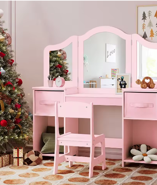 Kinderkaptafel met Stoel – 2-in-1 Make-up Bureau met Drievoudige Spiegel en Opbergruimte