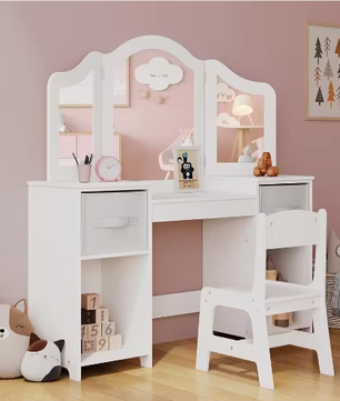 Kinderkaptafel met Stoel – 2-in-1 Make-up Bureau met Drievoudige Spiegel en Opbergruimte
