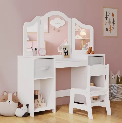 Kinderkaptafel met Stoel – 2-in-1 Make-up Bureau met Drievoudige Spiegel en Opbergruimte