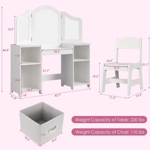 Kinderkaptafel met Stoel – 2-in-1 Make-up Bureau met Drievoudige Spiegel en Opbergruimte