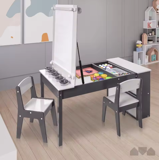 3-in-1 Kinder Kunsttafel met 2 Stoelen – Activiteitentafel met Ezel, Opbergruimte en Papierrol