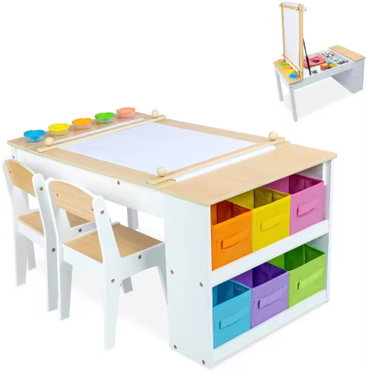 3-in-1 Kinder Kunsttafel met 2 Stoelen – Activiteitentafel met Ezel, Opbergruimte en Papierrol