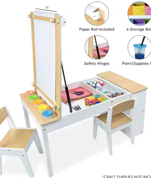 3-in-1 Kinder Kunsttafel met 2 Stoelen – Activiteitentafel met Ezel, Opbergruimte en Papierrol