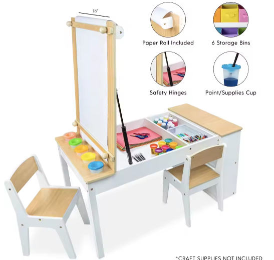 3-in-1 Kinder Kunsttafel met 2 Stoelen – Activiteitentafel met Ezel, Opbergruimte en Papierrol