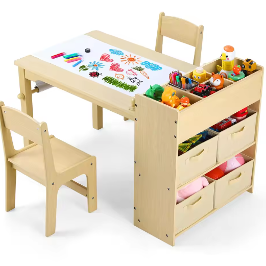 Kinder Kunsttafel met 2 Stoelen en Opbergruimte, Houten Activiteitentafel met Papierrol en Opbergbakken