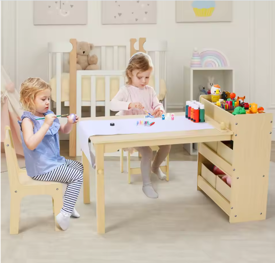 Kinder Kunsttafel met 2 Stoelen en Opbergruimte, Houten Activiteitentafel met Papierrol en Opbergbakken