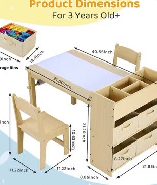 Kinder Kunsttafel met 2 Stoelen en Opbergruimte, Houten Activiteitentafel met Papierrol en Opbergbakken