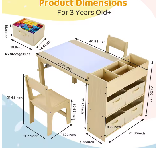 Kinder Kunsttafel met 2 Stoelen en Opbergruimte, Houten Activiteitentafel met Papierrol en Opbergbakken