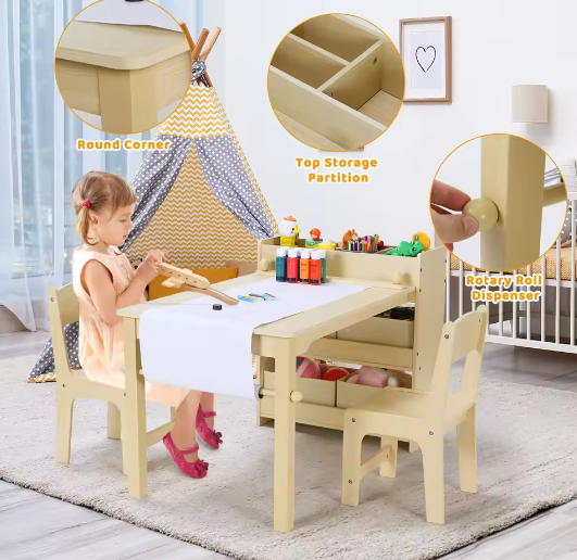 Kinder Kunsttafel met 2 Stoelen en Opbergruimte, Houten Activiteitentafel met Papierrol en Opbergbakken
