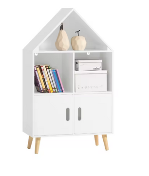 Kinderboekenkast met Huisontwerp – Opbergplank met Deuren en Open Vakken