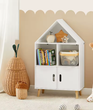 Kinderboekenkast met Huisontwerp – Opbergplank met Deuren en Open Vakken