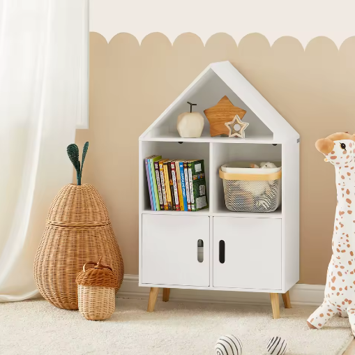 Kinderboekenkast met Huisontwerp – Opbergplank met Deuren en Open Vakken