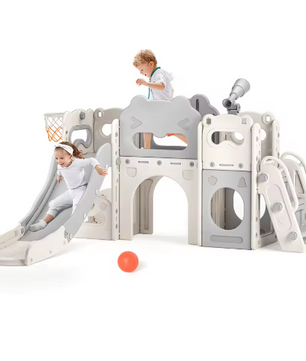 7-in-1 Indoor Kinderglijbaan met Schommel, Klimrek en Speelelementen