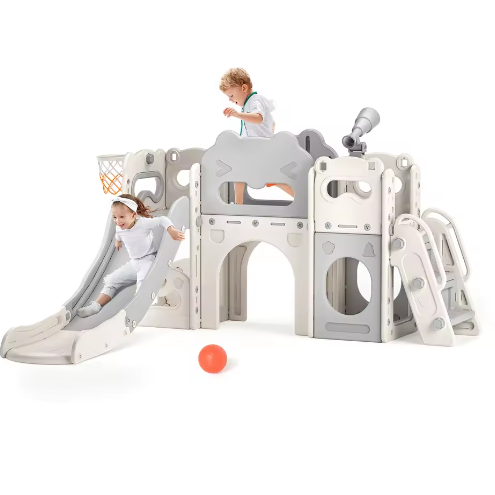 7-in-1 Indoor Kinderglijbaan met Schommel, Klimrek en Speelelementen