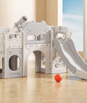 7-in-1 Indoor Kinderglijbaan met Schommel, Klimrek en Speelelementen