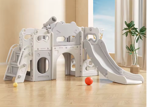 7-in-1 Indoor Kinderglijbaan met Schommel, Klimrek en Speelelementen