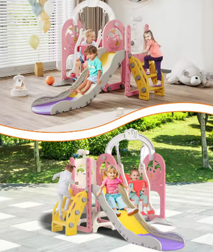 6-in-1 Outdoor Kinderglijbaan en Schommelset – Multifunctioneel Speeltoestel met Basketbalring en Telescoop