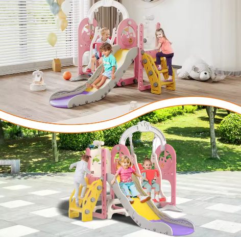 6-in-1 Outdoor Kinderglijbaan en Schommelset – Multifunctioneel Speeltoestel met Basketbalring en Telescoop