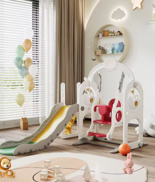 Houten 6-in-1 Buitenspeelset voor Kinderen – Schommel, Glijbaan en Basketbal