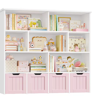 Kinderspeelgoed Opbergkast – Kinderboekenkast met 4 Wielladen en 8 Planken 125,5×33×118 cm