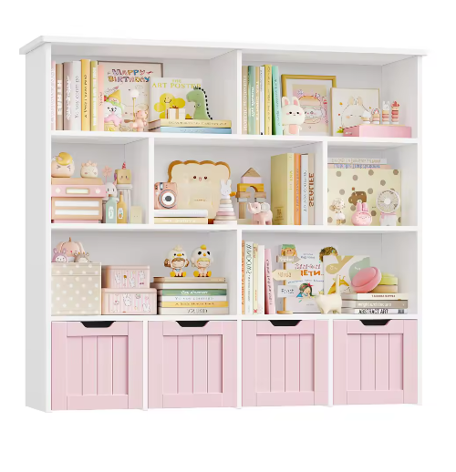 Kinderspeelgoed Opbergkast – Kinderboekenkast met 4 Wielladen en 8 Planken 125,5×33×118 cm