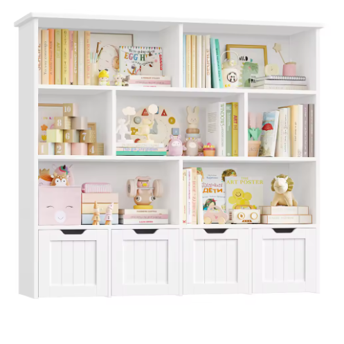 Kinderspeelgoed Opbergkast – Kinderboekenkast met 4 Wielladen en 8 Planken 125,5×33×118 cm
