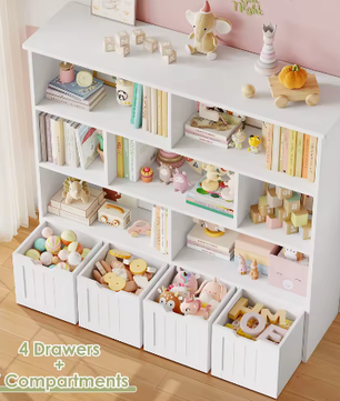 Kinderspeelgoed Opbergkast – Kinderboekenkast met 4 Wielladen en 8 Planken 125,5×33×118 cm