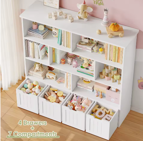 Kinderspeelgoed Opbergkast – Kinderboekenkast met 4 Wielladen en 8 Planken 125,5×33×118 cm