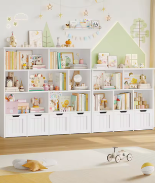 Kinderspeelgoed Opbergkast – Kinderboekenkast met 4 Wielladen en 8 Planken 125,5×33×118 cm