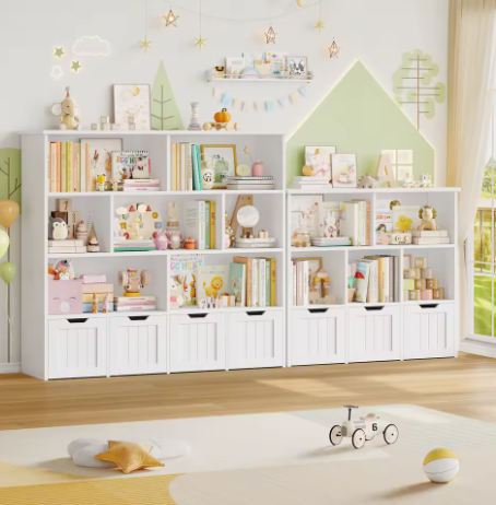 Kinderspeelgoed Opbergkast – Kinderboekenkast met 4 Wielladen en 8 Planken 125,5×33×118 cm