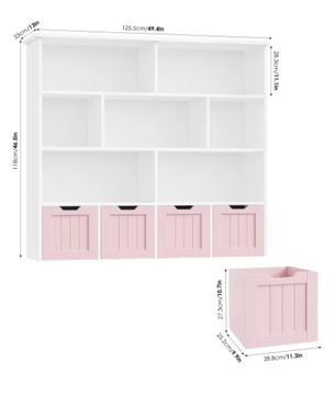 Kinderspeelgoed Opbergkast – Kinderboekenkast met 4 Wielladen en 8 Planken 125,5×33×118 cm