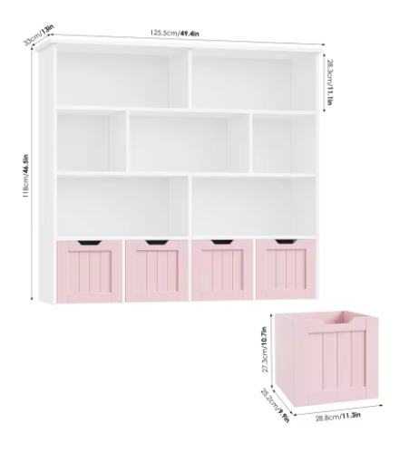Kinderspeelgoed Opbergkast – Kinderboekenkast met 4 Wielladen en 8 Planken 125,5×33×118 cm