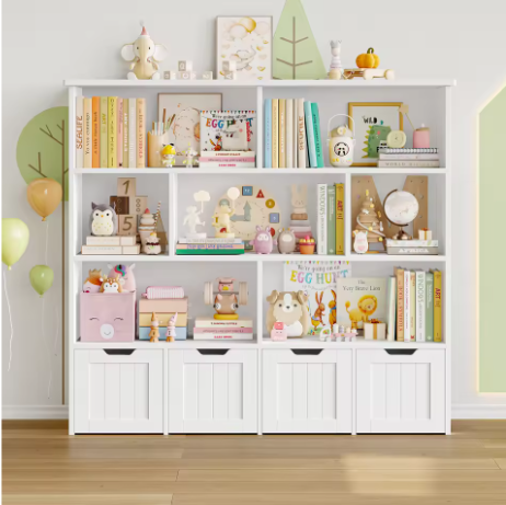 Kinderspeelgoed Opbergkast – Kinderboekenkast met 4 Wielladen en 8 Planken 125,5×33×118 cm