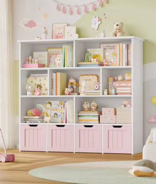 Kinderspeelgoed Opbergkast – Kinderboekenkast met 4 Wielladen en 8 Planken 125,5×33×118 cm