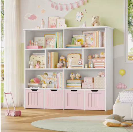 Kinderspeelgoed Opbergkast – Kinderboekenkast met 4 Wielladen en 8 Planken 125,5×33×118 cm