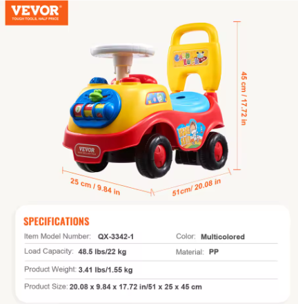 Peuterrit Loopauto – Speelgoedauto met Muziek, Opbergvak en Veiligheidsvoorzieningen, 1-3 Jaar
